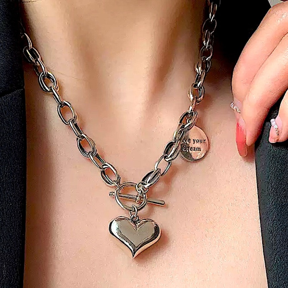 Sterling Silver Heart Chain Link Charm Pendant Toggle Necklace - Picture 4 of 9